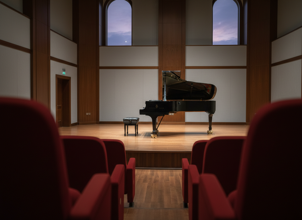 A medium-sized recital space in Tuzla with a polished black grand piano placed center stage on a slightly elevated wooden platform. Discreet floor spotlights wash the piano and stage in soft, warm light, while the audience area remains blurred and empty in the foreground, suggested only by out-of-focus chair backs. Simple, elegant wall panels and a hint of a coastal evening sky through high windows evoke the local Istanbul atmosphere. Captured from a low angle near the aisle with a wide lens, the composition leads the eye toward the piano as the focal point. The mood is anticipatory and prestigious, reflecting preparation for festivals and formal performances in a realistic, cinematic style.