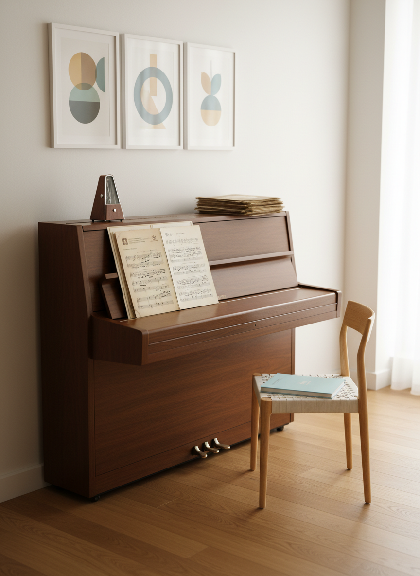 An upright piano with a rich walnut wood finish is positioned against a clean, light-colored wall, topped with a small metronome and a stack of well-used sheet music for ABRSM and Royal Academy syllabi, their covers only subtly suggested without readable text. On the adjacent wall, abstract framed certificates appear as tasteful geometric shapes. The studio floor is warm-toned wood, impeccably tidy, with a closed music theory workbook resting on a nearby minimalist chair. Soft studio lighting from above and the side creates balanced illumination and delicate shadows. Captured from a slightly elevated angle with sharp focus, the image feels disciplined, organized, and reassuringly professional, embodying structured, international-standard piano training.
