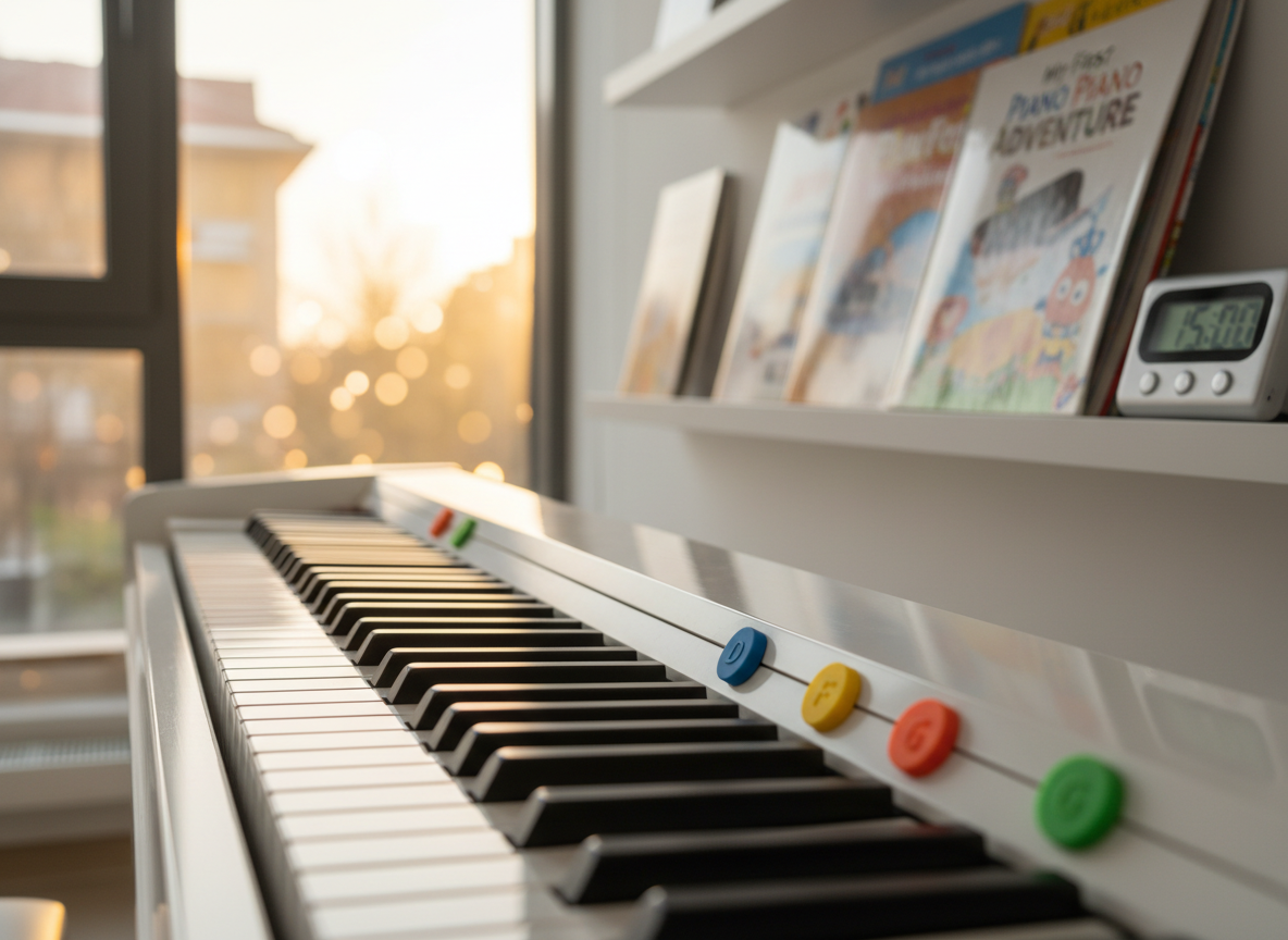 A close-up, photographic view of a piano keyboard where small, color-coded, non-text markers rest above several keys, suggesting beginner and child-friendly instruction without showing hands. The glossy keys capture reflections from a nearby window, while in the blurred background a neat row of age-appropriate music books and a small digital timer sit on a floating shelf. Late afternoon natural light creates a warm, golden glow along the keyboard, with soft bokeh in the distance. Shot from a low, diagonal angle running along the length of the keys, the composition feels dynamic yet approachable, conveying the idea of tailored piano lessons for all ages in a modern, well-equipped Tuzla studio.