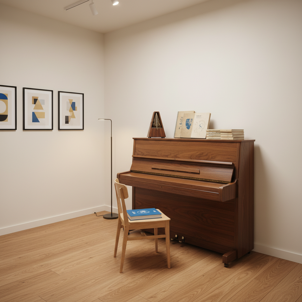 An upright piano with a rich walnut wood finish is positioned against a clean, light-colored wall, topped with a small metronome and a stack of well-used sheet music for ABRSM and Royal Academy syllabi, their covers only subtly suggested without readable text. On the adjacent wall, abstract framed certificates appear as tasteful geometric shapes. The studio floor is warm-toned wood, impeccably tidy, with a closed music theory workbook resting on a nearby minimalist chair. Soft studio lighting from above and the side creates balanced illumination and delicate shadows. Captured from a slightly elevated angle with sharp focus, the image feels disciplined, organized, and reassuringly professional, embodying structured, international-standard piano training.