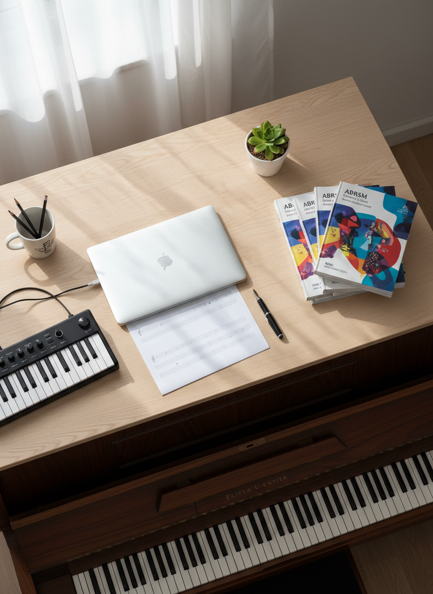 A detailed overhead shot of a tidy piano teacher’s desk beside an upright piano in a Tuzla studio. On the light wooden desk, carefully arranged items include a closed laptop, a bound lesson planner, blank staff paper, and neatly stacked exam preparation books for international piano certifications with abstract, non-readable covers. A small digital piano keyboard controller sits to one side, hinting at modern teaching tools. Soft, indirect daylight from an unseen window to the left creates mild shadows and a clean, airy feel. The piano keys and music stand edge enter the frame from the bottom, tying the workspace to the instrument. The composition is balanced and organized, conveying methodical, professional lesson planning and long-term progress tracking.