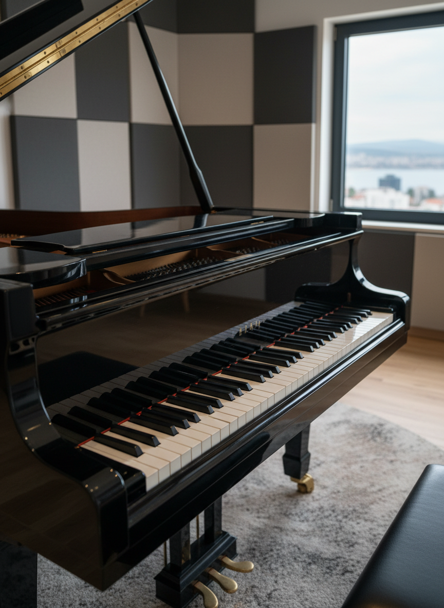 A glossy black grand piano with open lid, its polished surface reflecting subtle highlights, stands in a modern, sound-treated teaching studio. The keys are pristine, with the smooth ivory and ebony textures clearly visible in the foreground. Behind the piano, acoustic panels in neutral tones line the walls, and a large window reveals a soft, blurred hint of Tuzla’s coastal skyline. Soft, diffused daylight fills the room, creating gentle shadows under the piano. Photographed at eye level from the keyboard side with a shallow depth of field, the mood is professional, calm, and inviting, emphasizing serious yet accessible piano education in a realistic, contemporary photographic style.