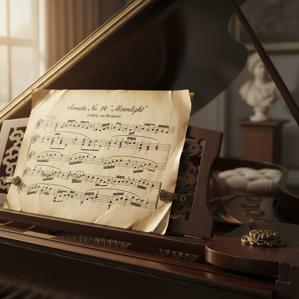 A beautiful close-up photo of piano sheet music with musical notes, elegant and professional, warm lighting, classical music aesthetic