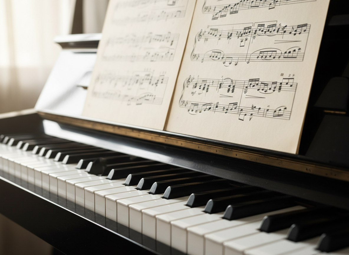 Sheet music notes on a piano keyboard, close-up view, elegant and artistic, soft natural lighting, professional music education aesthetic, black and white piano keys with musical notation paper