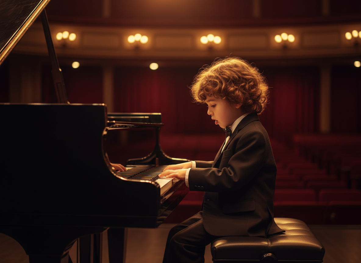 A young child, around 6-8 years old, sitting at a grand piano on a stage, playing with focus and concentration. Warm stage lighting illuminates the child from above. The child is dressed neatly, hands on the keys, in a beautiful concert hall or recital stage setting. Soft bokeh background with curtains visible. Cinematic, warm, emotional atmosphere.