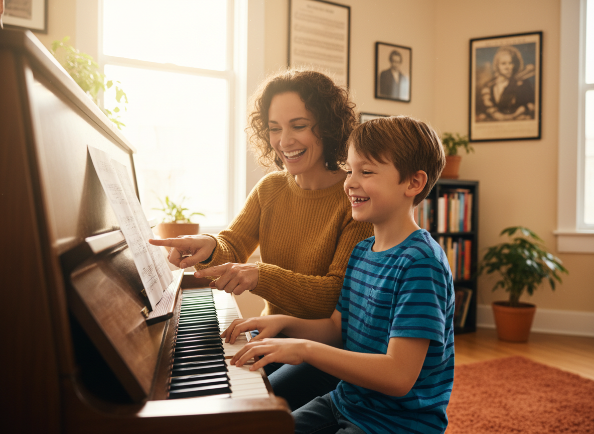 A cheerful and joyful piano lesson scene: a warm, encouraging piano teacher sitting beside a young student at an upright piano. Both are smiling and clearly enjoying the lesson. The teacher is pointing at the sheet music enthusiastically while the student plays with delight. The setting is a cozy, well-lit music studio with warm tones. Natural light fills the room. The mood is uplifting, energetic, and full of joy. Photorealistic style, soft and warm lighting.