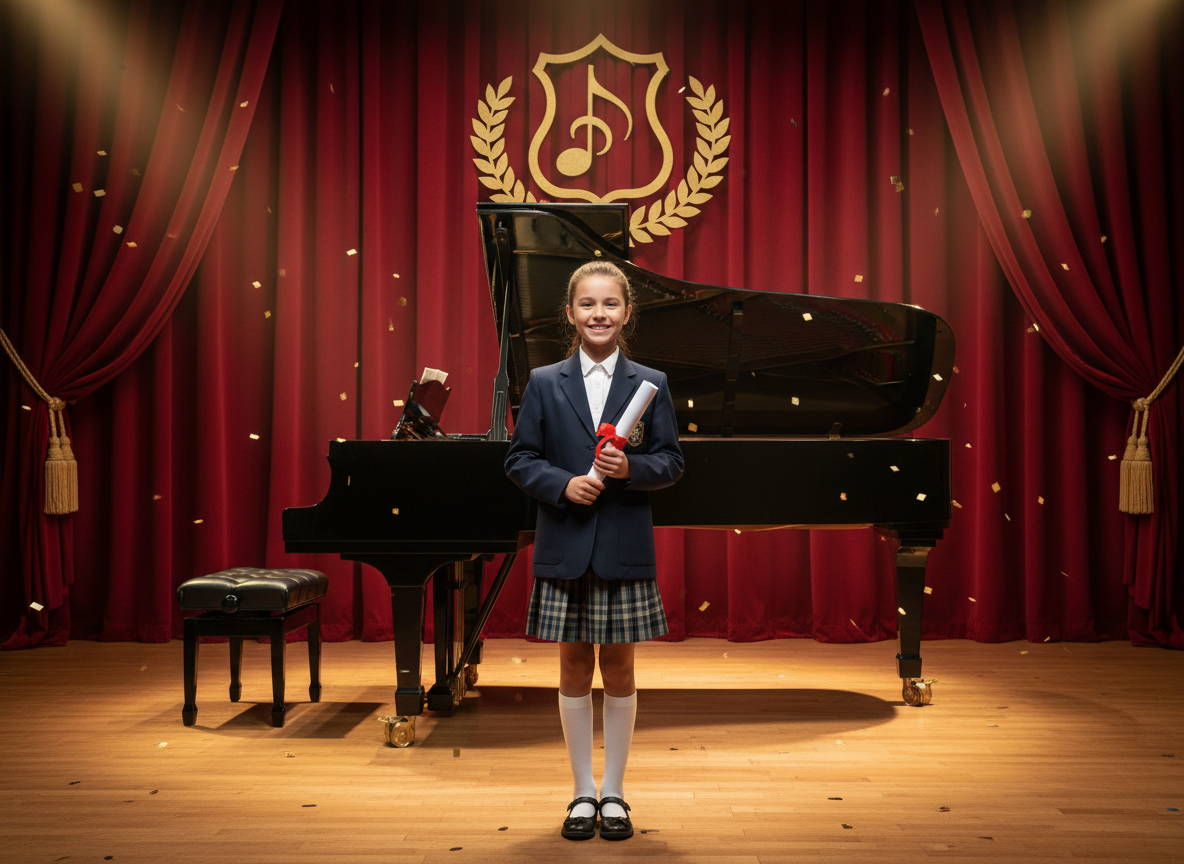 A young girl student standing proudly on a concert stage, holding a certificate or diploma with both hands and smiling brightly. Behind her is a large, glossy black grand piano with its lid open. The stage has warm spotlight lighting, elegant curtains or a performance backdrop. The girl is dressed neatly, perhaps in a school uniform or a nice outfit. The scene feels celebratory and accomplished. Photorealistic style, warm and dramatic stage lighting.
