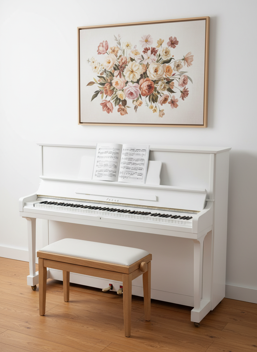 A sleek white upright piano positioned against a clean white wall. On the wall beside the piano, there is a beautiful framed floral painting featuring colorful flowers in soft warm tones. In front of the piano, there is a classic four-legged piano bench/stool in white or light wood finish. The piano keyboard lid is fully open, revealing the white and black keys clearly. On the music stand above the keys, there is an open sheet music book with clearly visible musical notes and staffs. The room has warm wooden flooring and soft, even studio lighting. No reflections anywhere — all surfaces are completely matte. The composition is calm, professional, and visually refined — fitting for a music studio. Shot from a slightly elevated angle with sharp focus.
