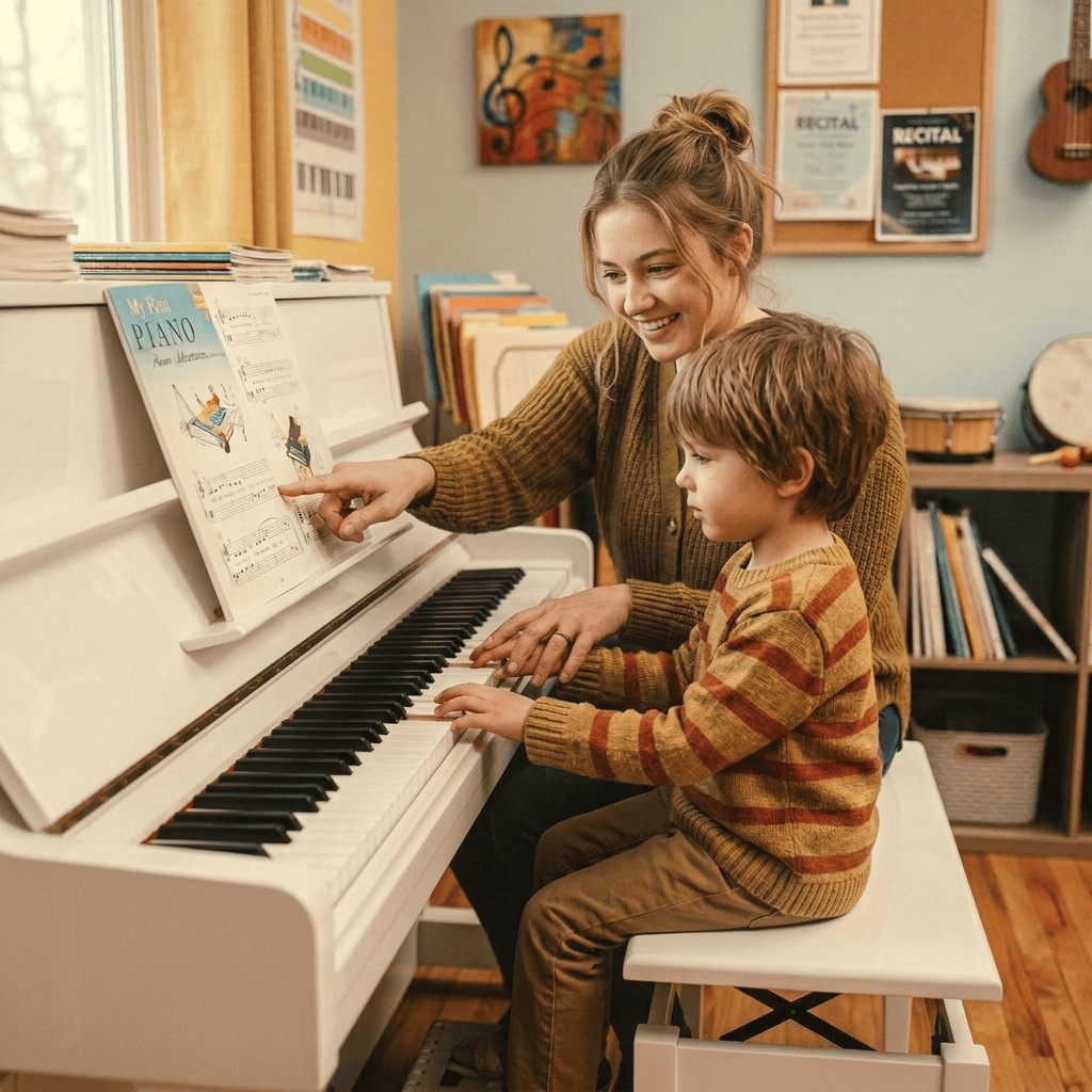 Adult guiding child’s hands during a piano lesson