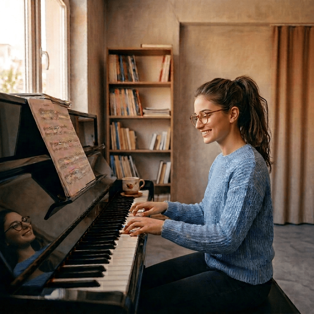 Smiling girl playing piano with sheet music at a music academy